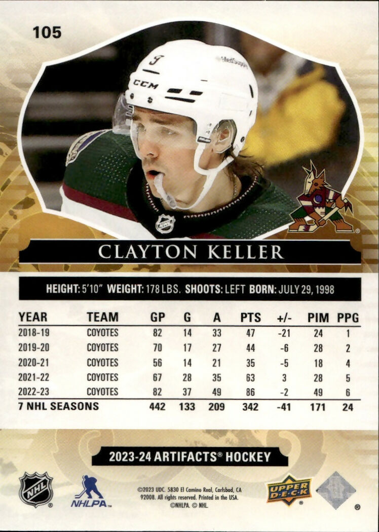 2023-24 Upper Deck Artifacts Hockey - Base :599 #105 Clayton Keller - Arizona Coyotes - B