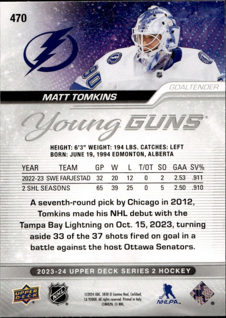 2023-24 Upper Deck Series 2 Hockey - Base - Young Guns #470 Matt Tomkins - Tampa Bay Lightning - B