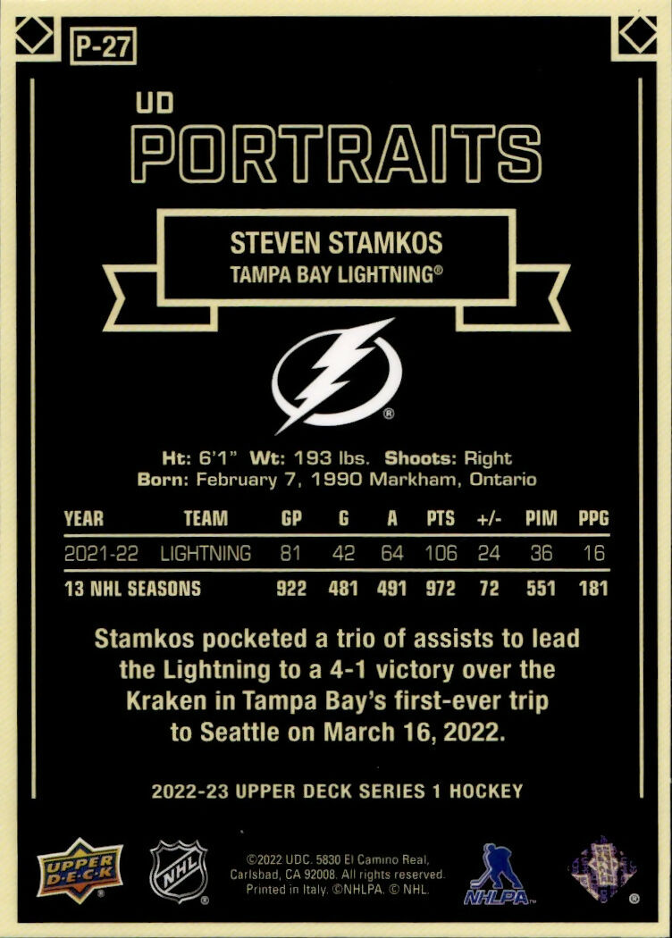 2022-23 Upper Deck Series 1 Hockey - Portraits #P-27 Steven Stamkos - Tampa Bay Lightning - B
