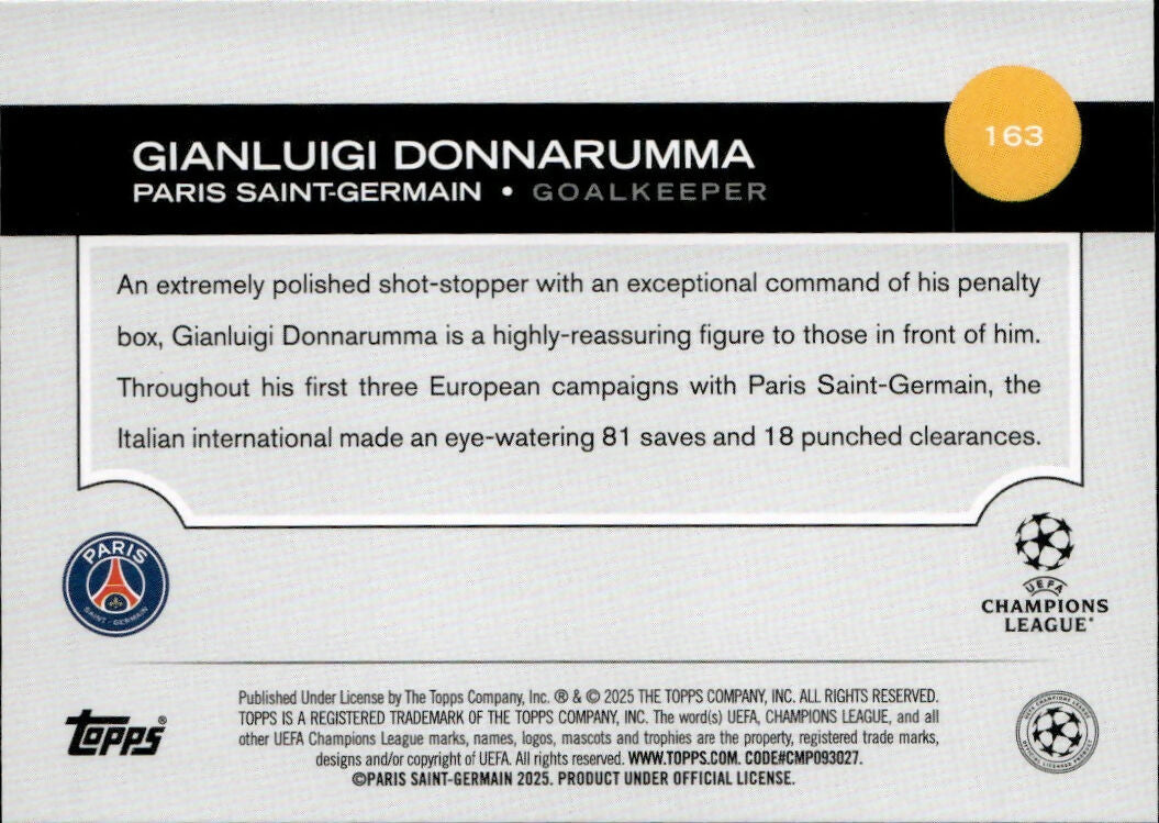 2024-25 Topps UEFA Club Competitions - Base #163 Gianluigi Donnarumma - Paris Saint-Germain - B