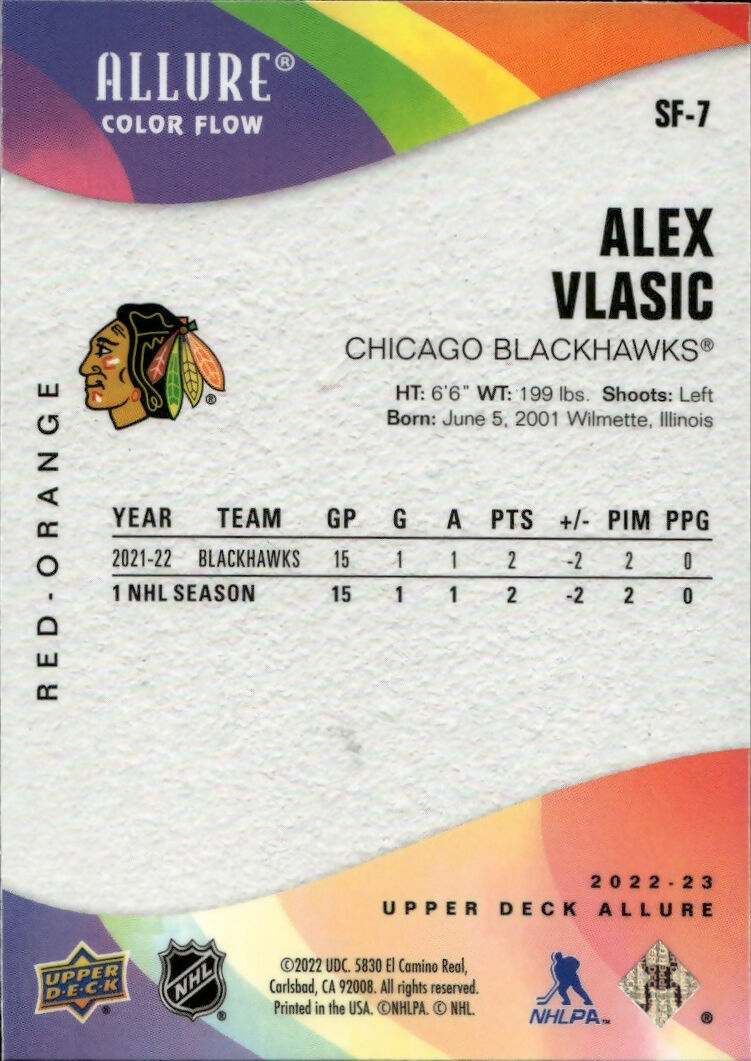 2022-23 Upper Deck Allure Hockey - Color Flow - Red-Orange #SF-SF-7 Alex Vlasic - Chicago Blackhawks - B