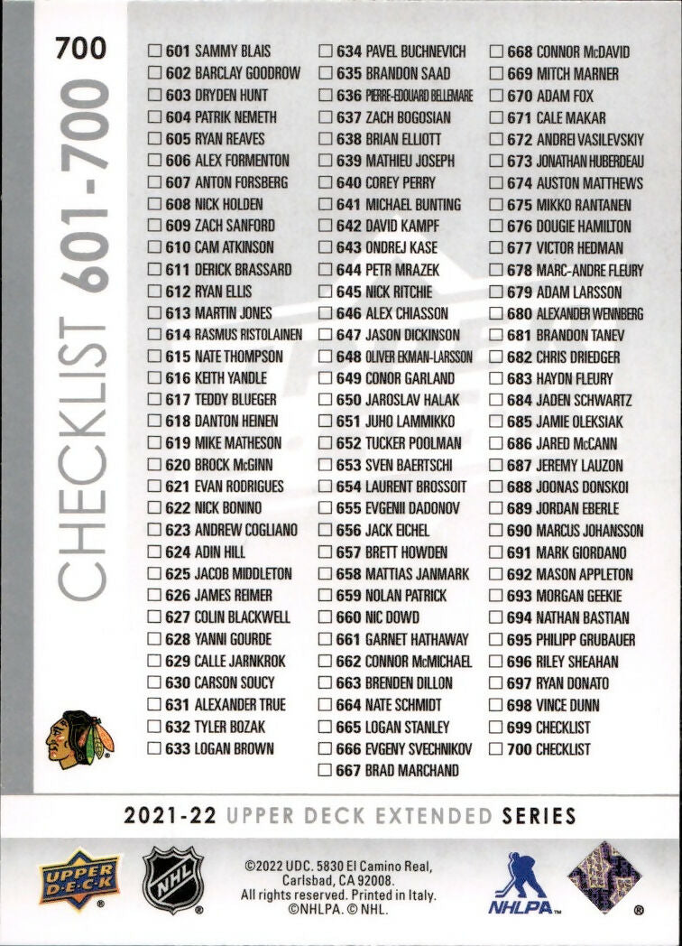 2021-22 Upper Deck Extended Series Hockey - Base #700 Checklist - Seth Jones:Marc-Andre Fleury - B