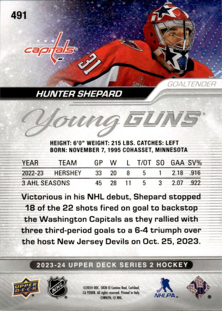 2023-24 Upper Deck Series 2 Hockey - Base - Young Guns #491 Hunter Shepard - Washington Capitals