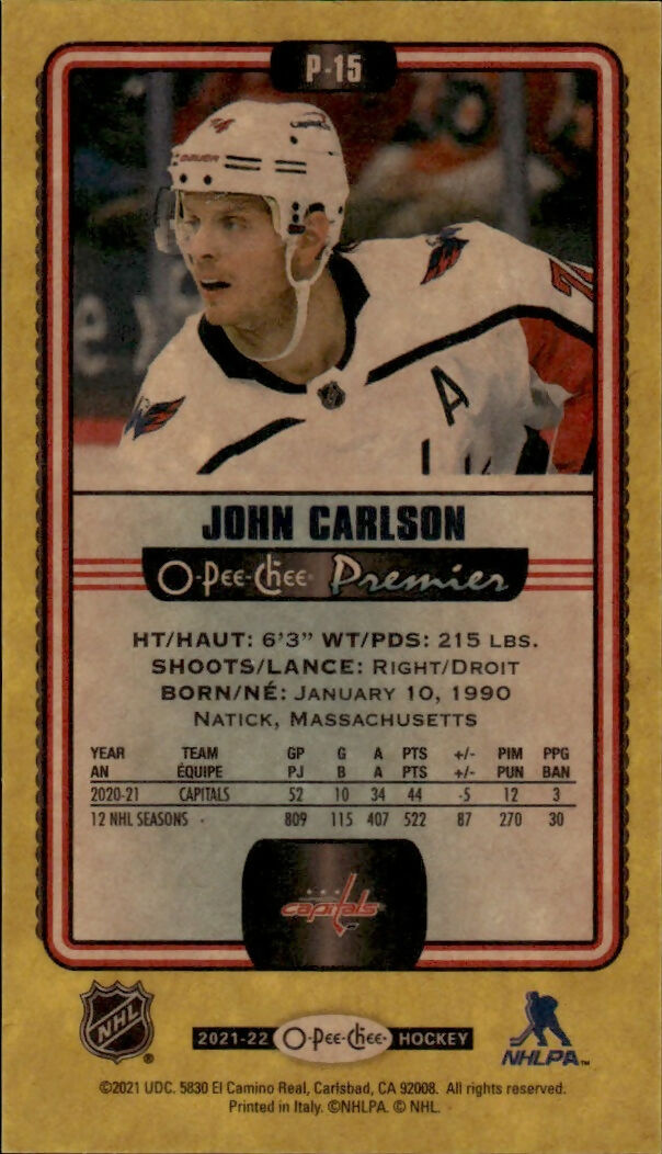 2021-22 Upper Deck Series 2 - O-Pee-Chee Update - Premier Tallboys - Yellow Boarder #P-15 John Carlson - Washington Capitals - B
