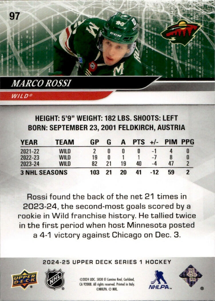 2024-25 Upper Deck Series 1 Hockey - Base #97 Marco Rossi - Minnesota Wild - B
