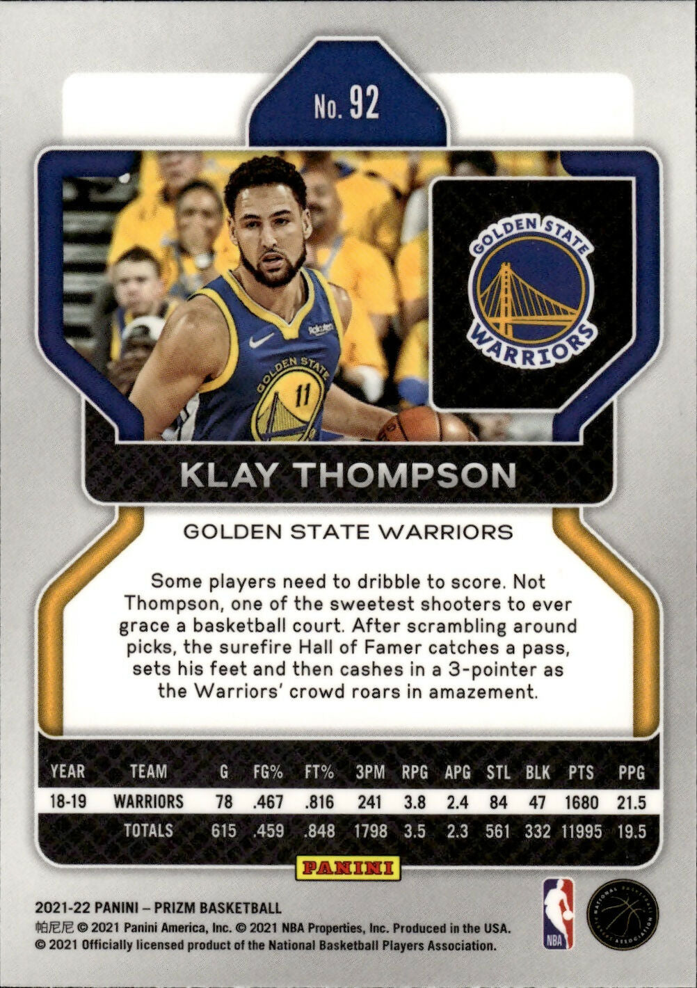 2021-22 Panini Prizm Basketball - Base # 92 Klay Thompson - Golden State Warriors