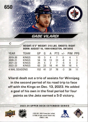 2023-24 Upper Deck Extended Series Hockey - Base #650 Gabe Vilardi - Winnipeg Jets - B