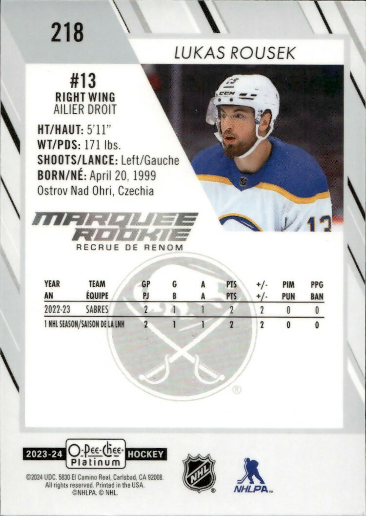 2023-24 Upper Deck O-Pee Chee Platinum Hockey - Base - Marquee Rookie #218 Lukas Rousek - Buffalo Sabres - B