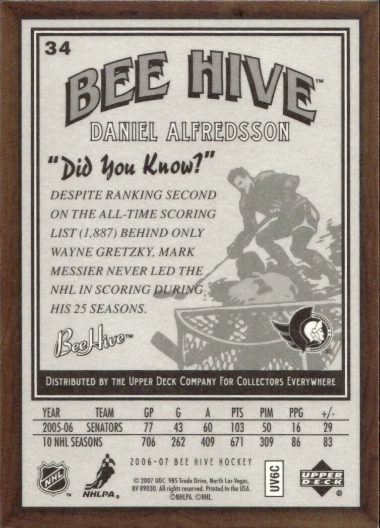 2006-07 Upper Deck - Bee Hive Hockey - Base #34 Daniel Alfredsson - Ottawa Senators - B