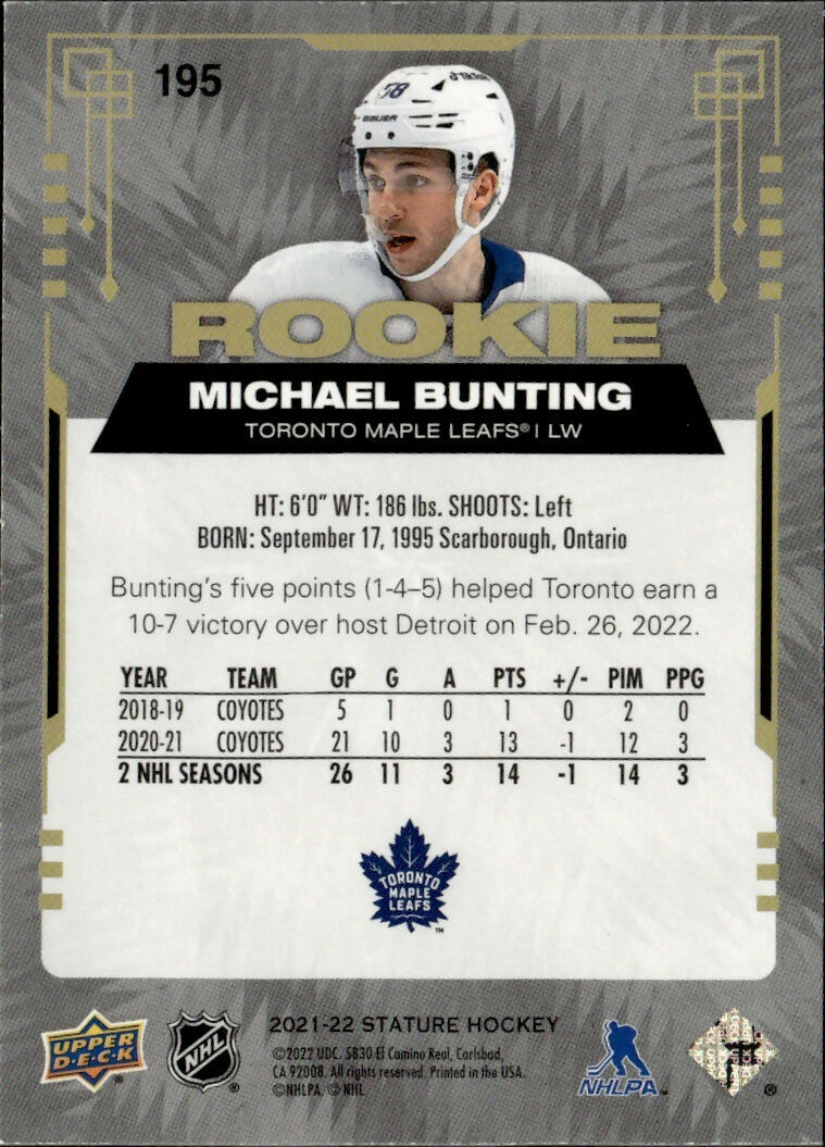 2021-22 Upper Deck Stature Hockey - Base - Rookie :399 #195 Michael Bunting - Toronto Maple Leafs - B