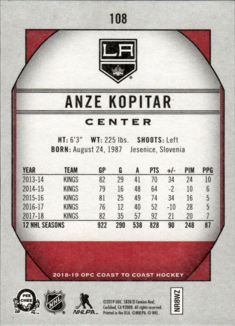 2018-19 O-Pee-Chee Coast to Coast Hockey - Base - Superstars #108 Anze Kopitar - Los Angeles Kings