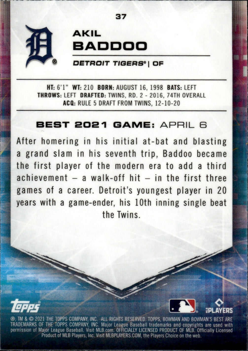 2021 Bowman's Best Baseball - [Base] #37 Akil Baddoo - Detroit Tigers - B