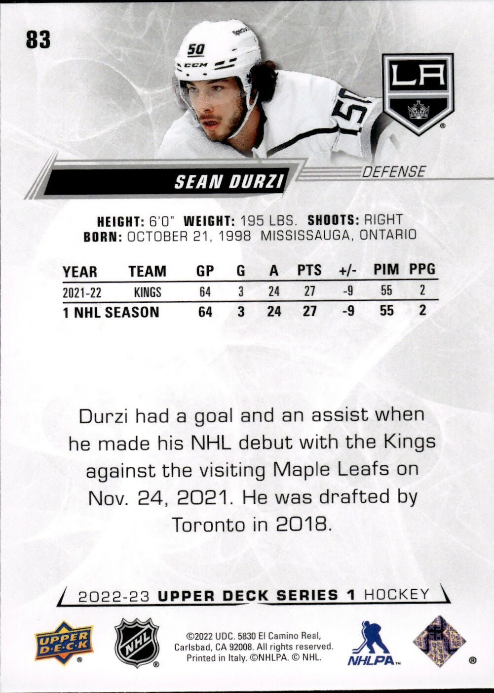 2022-23 Upper Deck Series 1 Hockey - Base #83 Sean Durzi - Los Angeles Kings - Back