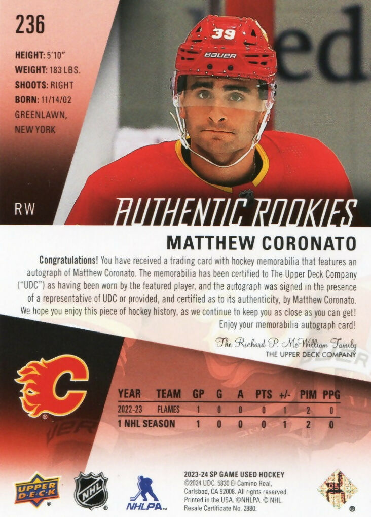 2023-24 Upper Deck SP Game Used Hockey - Base - Red - Patch - Auto :149 #236 Matthew Coronato - Calgary Flames - B