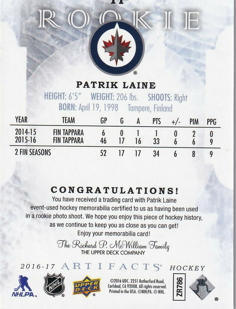 2016-17 Upper Deck Artifacts Rookie Relic Exchange Silver #II Patrik Laine Winnipeg Jets