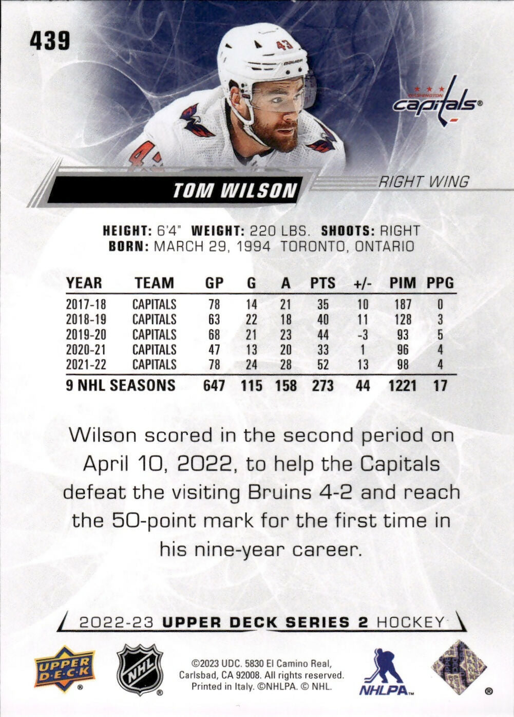 2022-23 Upper Deck Series 2 Hockey - Base #439 Tom Wilson - Washington Capitals