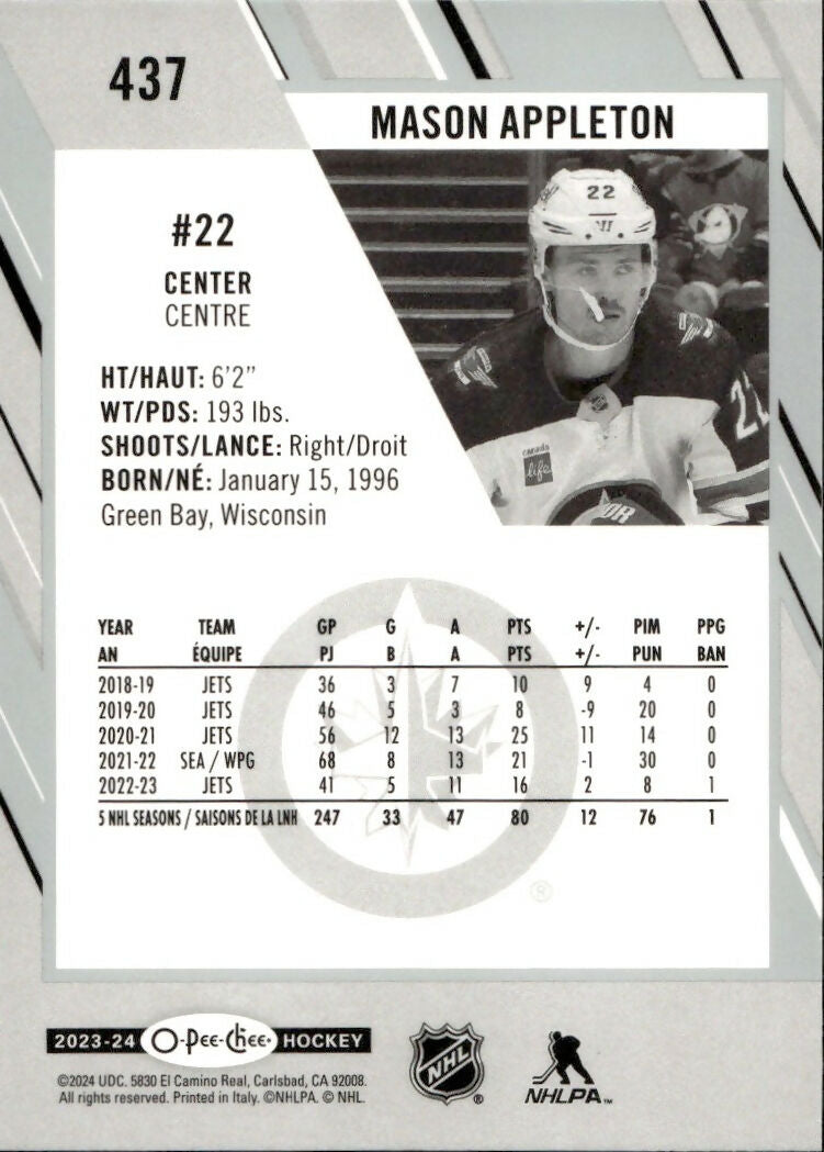 2023-24 Upper Deck O-Pee-Chee Hockey - Base #437 Mason Appleton - Winnipeg Jets
