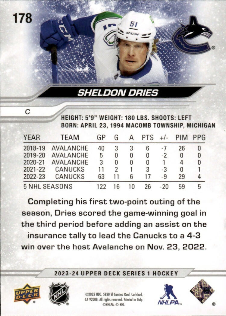 2023-24 Upper Deck Series 1 Hockey - Base #178 Sheldon Dries - Vancouver Canucks