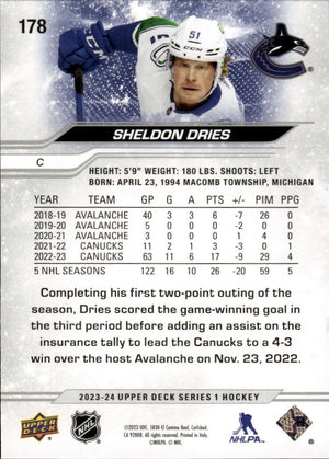 2023-24 Upper Deck Series 1 Hockey - Base #178 Sheldon Dries - Vancouver Canucks