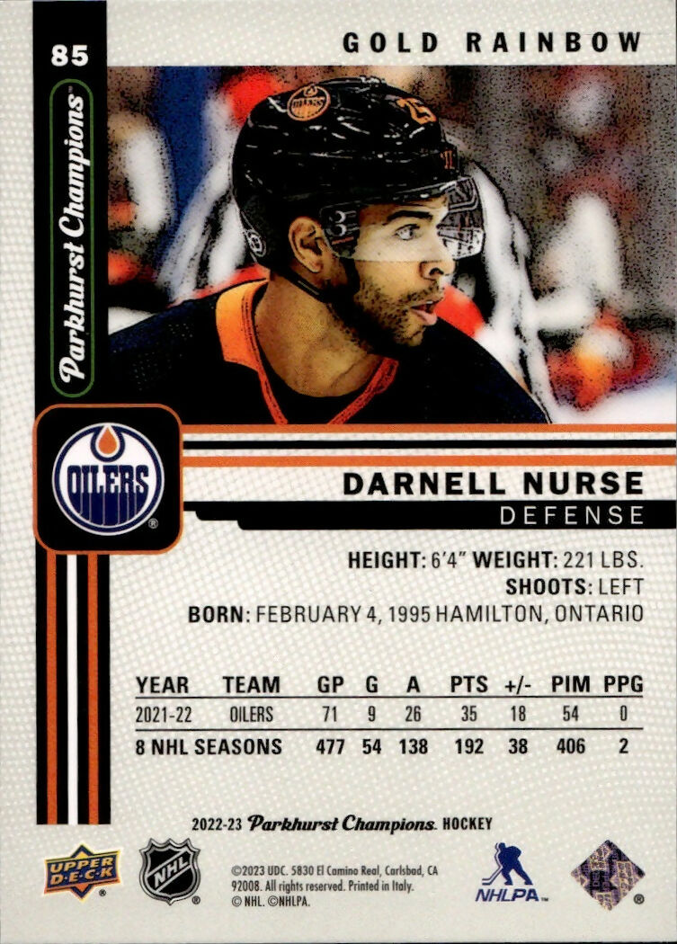 2022-23 Upper Deck Parkhurst Champions - Base - Gold Rainbow #85 Darnell Nurse - Edmonton Oilers - B