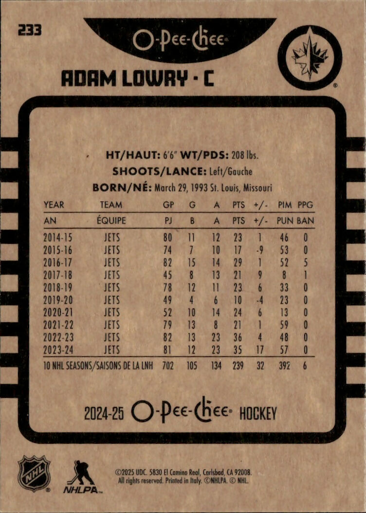 2024-25 Upper Deck O-Pee-Chee - Base - Retro #233 Adam Lowry - Winnipeg Jets - B