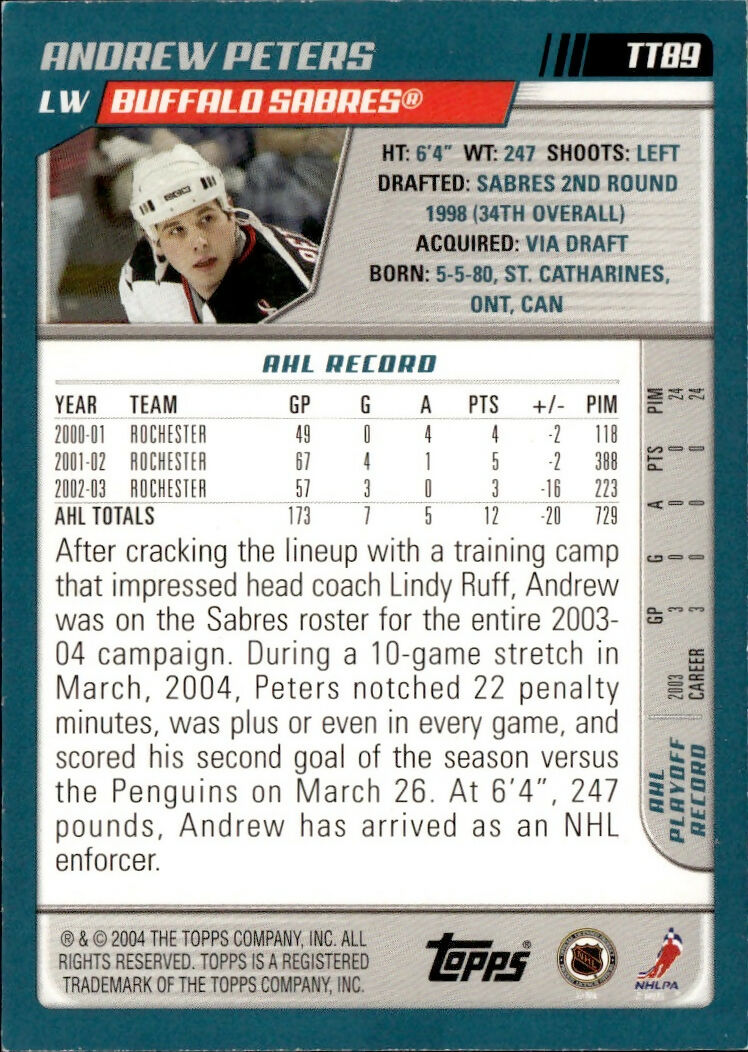 2003-04 Topps Traded - Base - Blue :500 #TT89 Andrew Peters - Buffalo Sabres - B