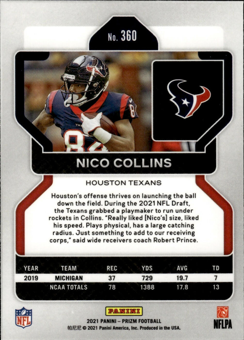 2021 Panini Prizm Football Base #360 Nico Collins RC Houston Texans - B