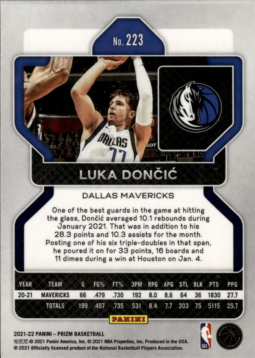 2021-22 Panini Prizm Basketball - Base # 223 Luka Doncic - Dallas Mavericks