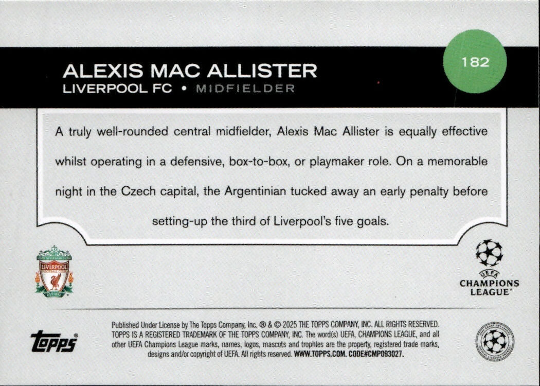 2024-25 Topps UEFA Club Competitions - Base #182 Alexis Mac Allister - Liverpool FC - B