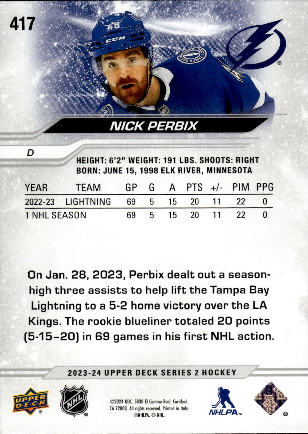 2023-24 Upper Deck Series 2 Hockey - Base #417 Nick Perbix - Tampa Bay Lightning