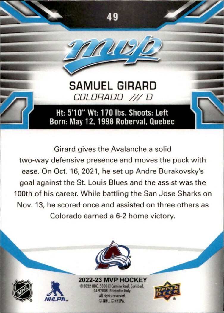 2022-23 Upper Deck MVP Hockey - Base #49 Samuel Girard - Colorado Avalanche