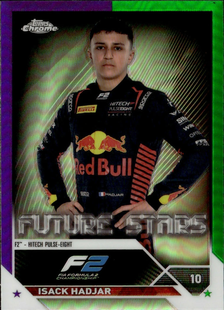 2023 Topps Chrome Formula 1 Base #77 - F2 Drivers - Refractor - Purple Green Isack Hadjar - F2 Htech Pulse-Eight - A