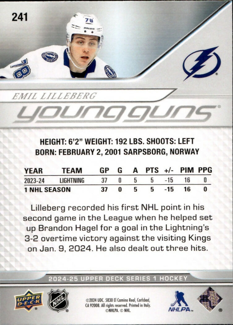 2024-25 Upper Deck Series 1 Hockey - Base - Young Guns #241 Emil Lilleberg - Tampa Bay Lightning - B