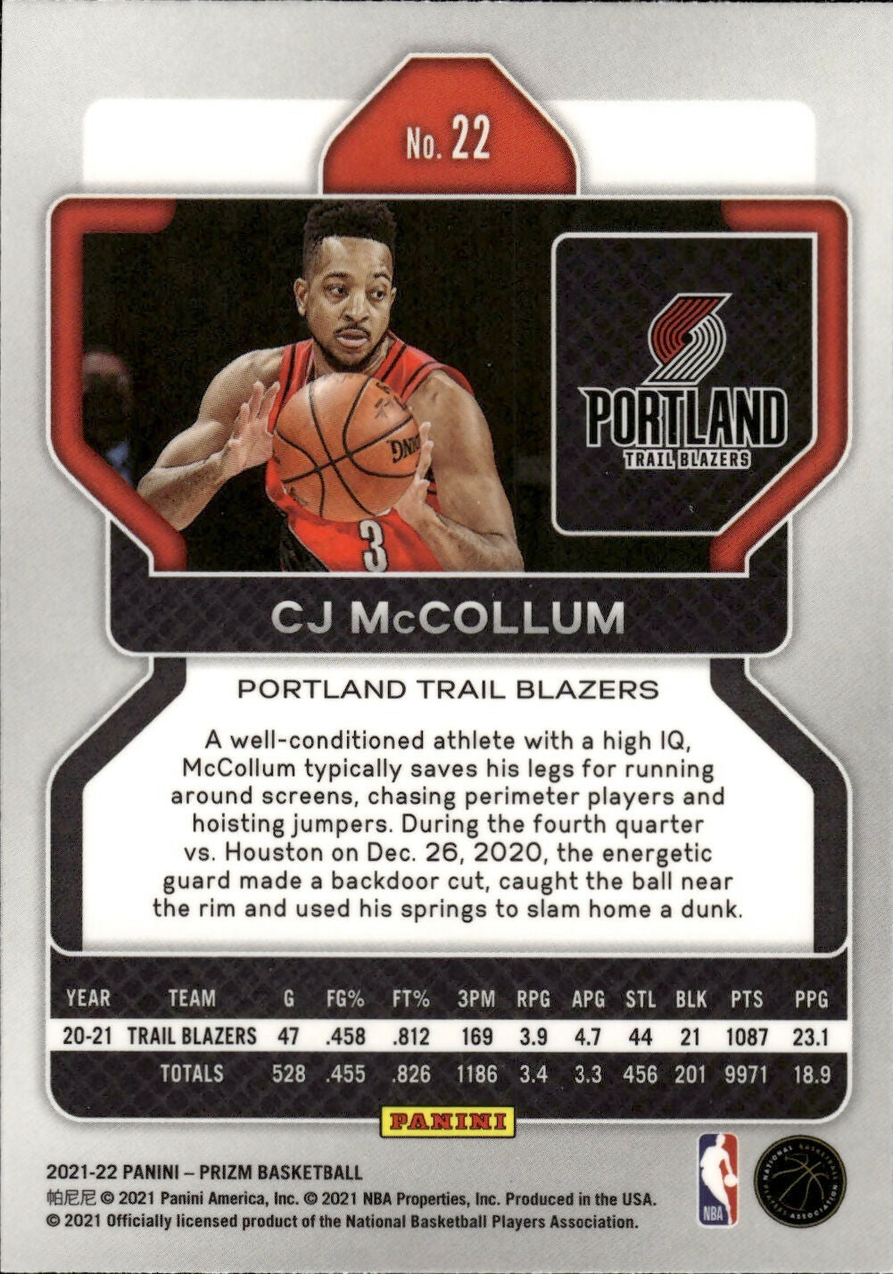 2021-22 Panini Prizm Basketball - Base # 22 CJ McCollum - Portland Trial Blazers