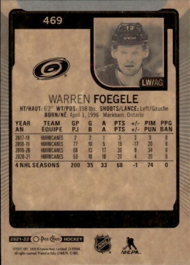 2021-22 Upper Deck O-Pee-Chee Hockey - Base #469 Warren Foegele - Carolina Hurricanes