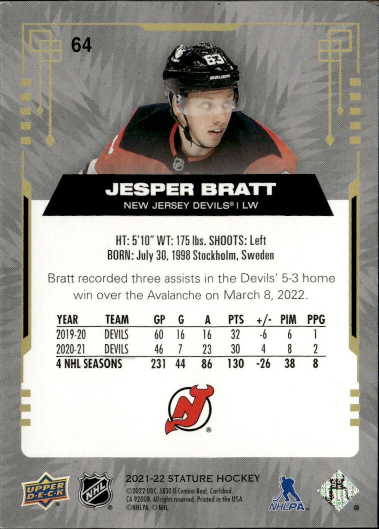 2021-22 Upper Deck Stature Hockey - Base #64 Jesper Bratt - New Jersey Devils - B