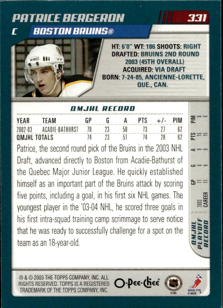 2003-04 O-Pee-Chee - Base #331 Patrice Bergeron - Boston Bruins - B