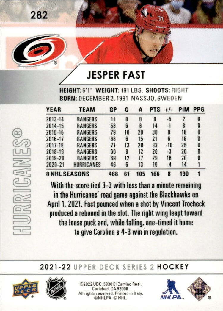 2021-22 Upper Deck Series 2 Hockey - Base #282 Jesper Fast - Carolina Hurricanes - B