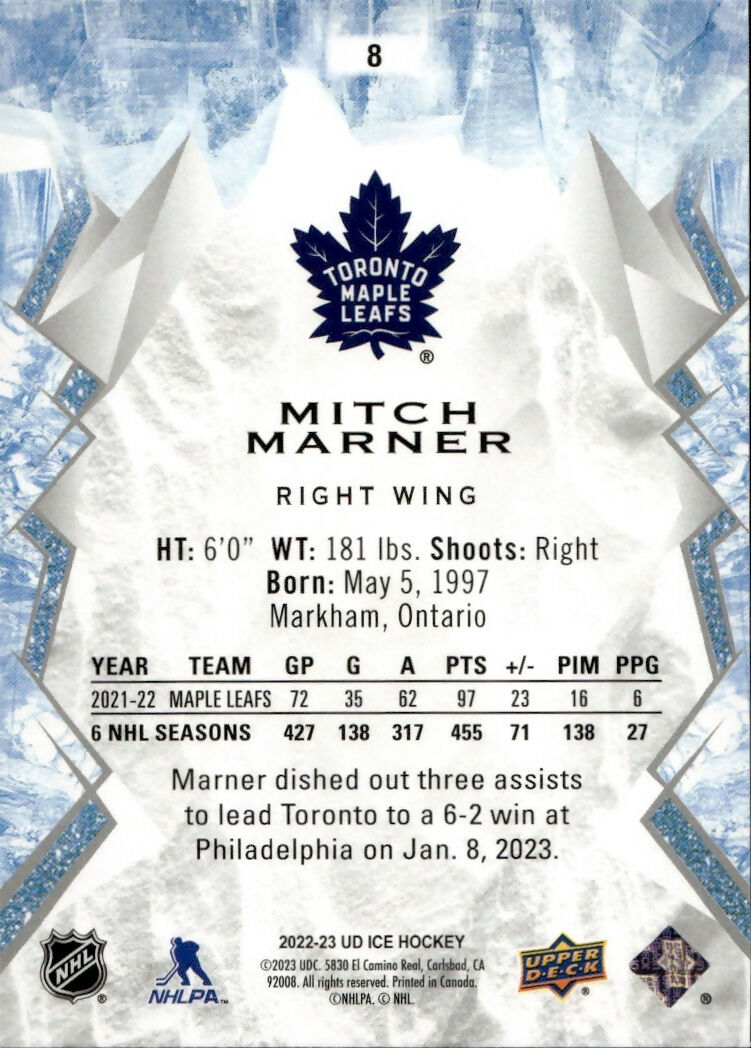 2022-23 Upper Deck Ice Hockey - Base #8 Mitch Marner - Toronto Maple Leafs - B