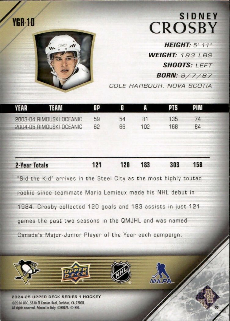 2024-25 Upper Deck Series 1 Hockey - Young Guns Renewed #YGR-10 Sidney Crosby - Pittsburgh Penguins - B