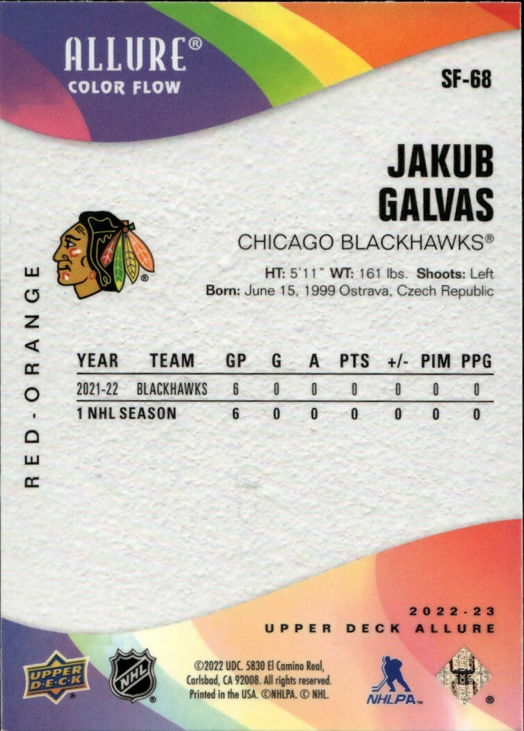 2022-23 Upper Deck Allure Hockey - Color Flow - Red-Orange #SF-68 Jakub Galvas - Chicago Blackhawks - B