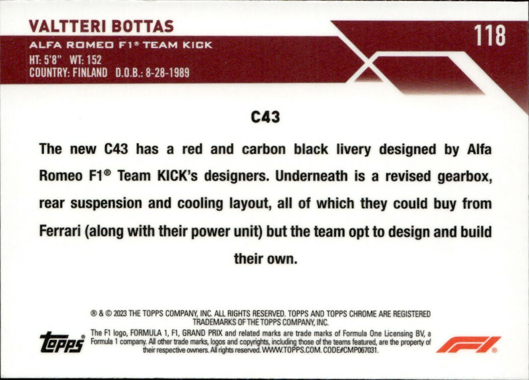 2023 Topps Chrome Formula 1 Base #118 - F1 Cars Valtteri Bottas - Alfa Romeo F1 Team Kick - B