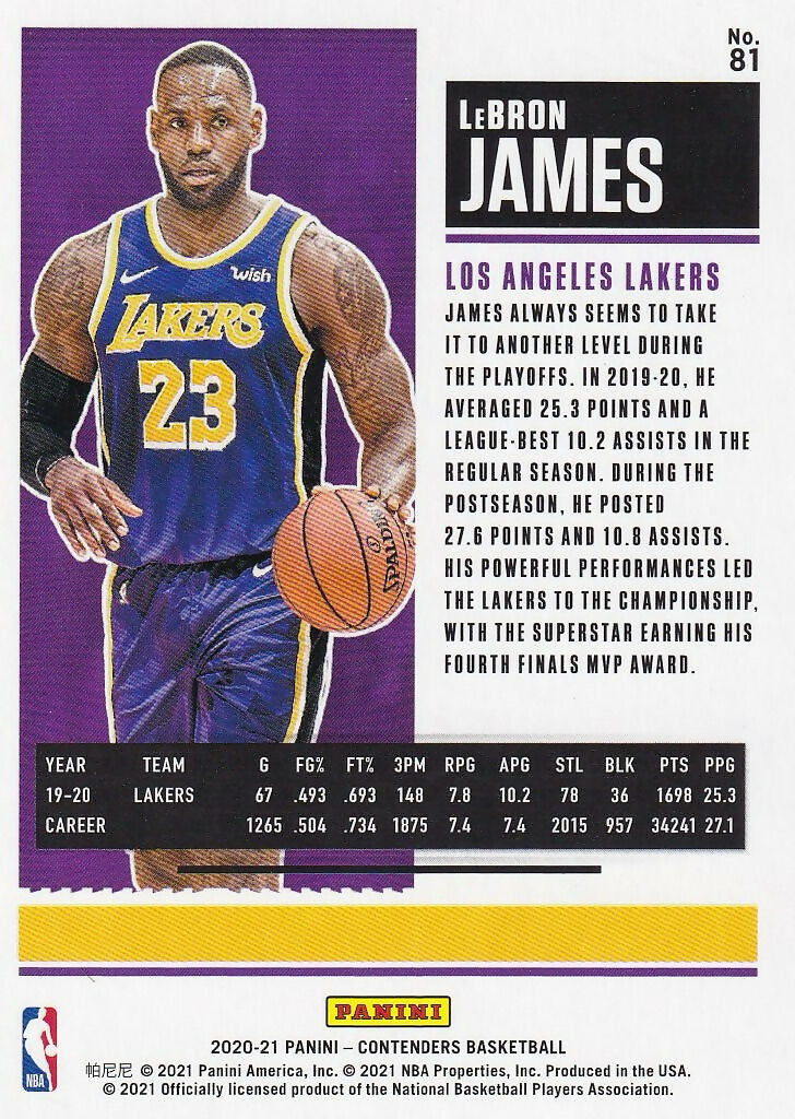 2020-21 Panini Contenders #81 LeBron James Los Angeles Lakers