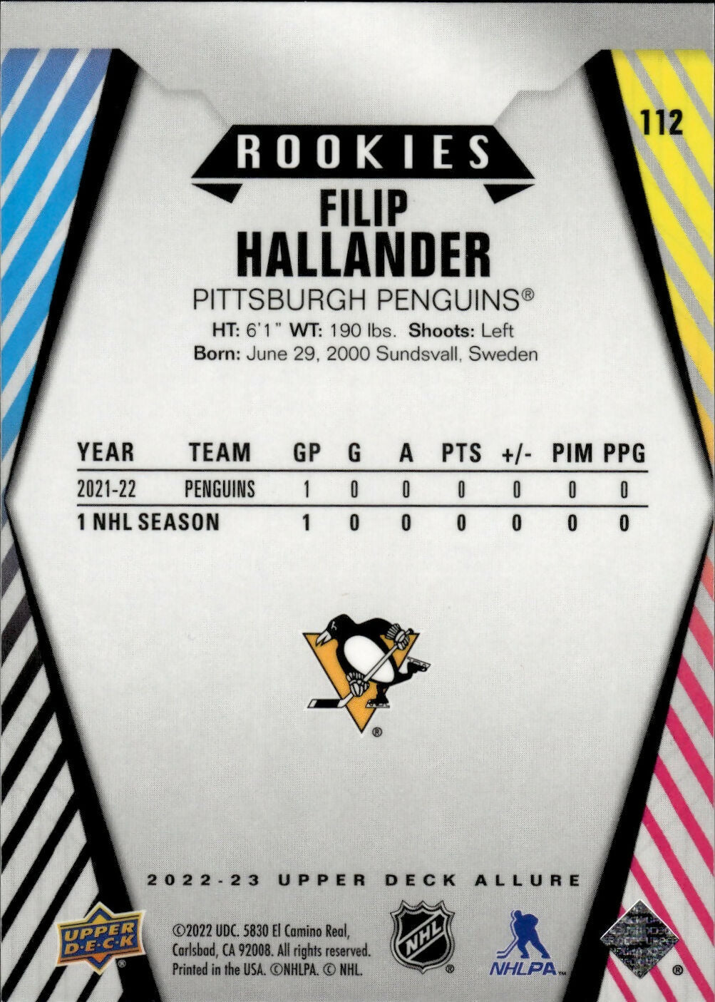 2022-23 Upper Deck Allure Hockey - Base - Rookie #112 Filip Hallander - Pittsburgh Penguins