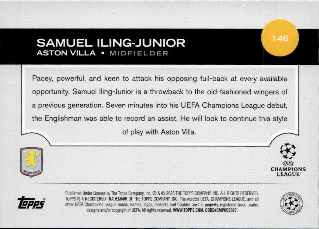 2024-25 Topps UEFA Club Competitions - Base #146 Samuel Iling-Junior - Aston Villa - B