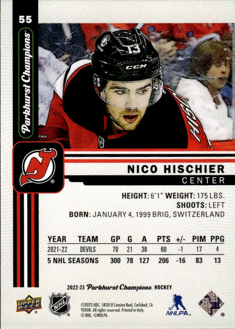 2022-23 Upper Deck Parkhurst Champions - Base - Veteran #55 Nico Hischier - New Jersey Devils