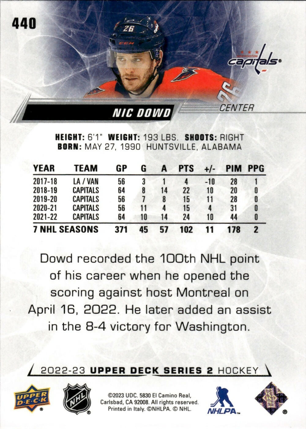 2022-23 Upper Deck Series 2 Hockey - Base #440 Nic Dowd - Washington Capitals