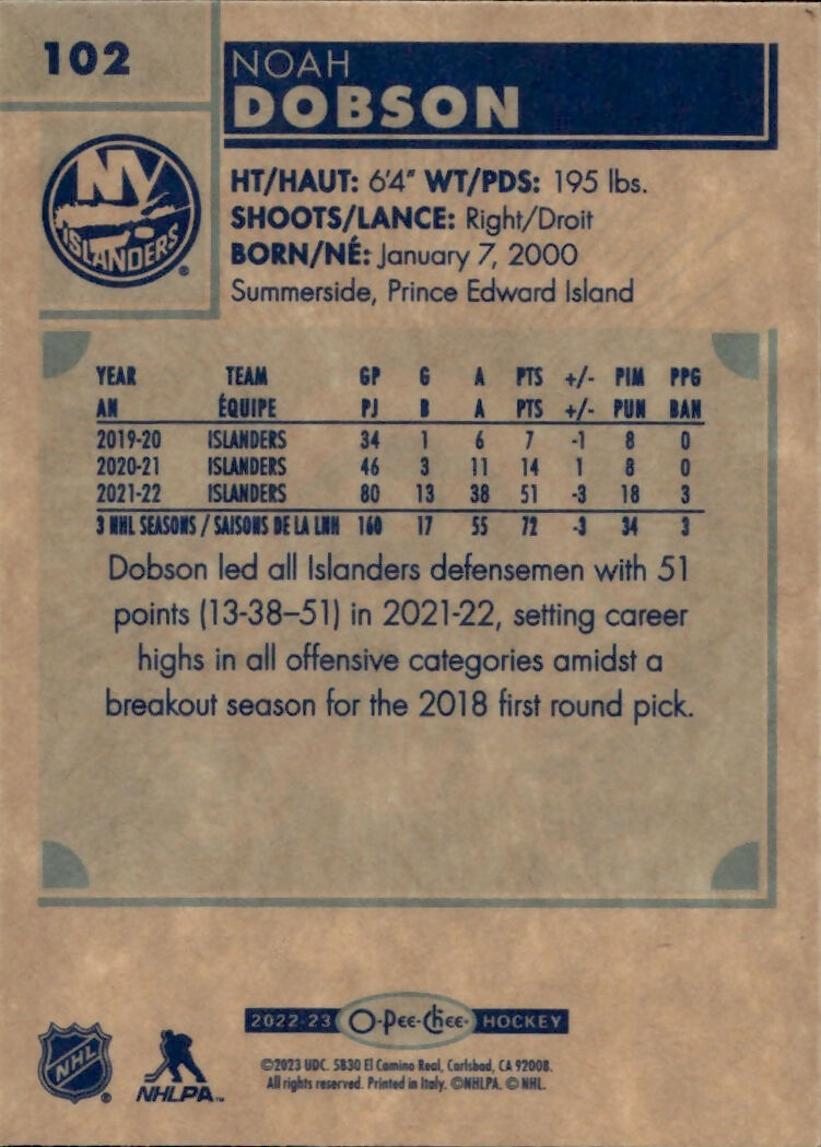 2022-23 Upper Deck O-Pee-Chee Hockey - Retro #102 Noah Dobson - New York Islanders - B