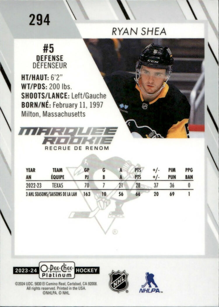 2023-24 Upper Deck O-Pee-Chee Platinum Hockey - Base - Marquee Rookie #294 Ryan Shea - Pittsburgh Penguins - B