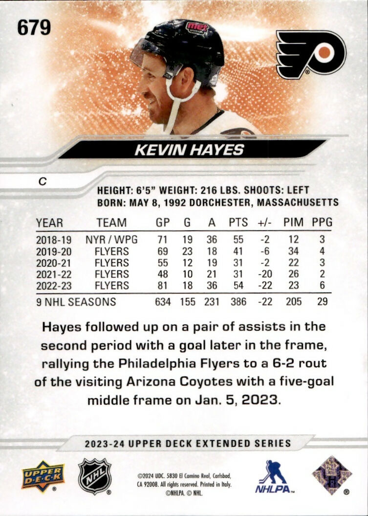 2023-24 Upper Deck Extended Series Hockey - Base #679 Kevin Hayes - Philadelphia Flyers - B